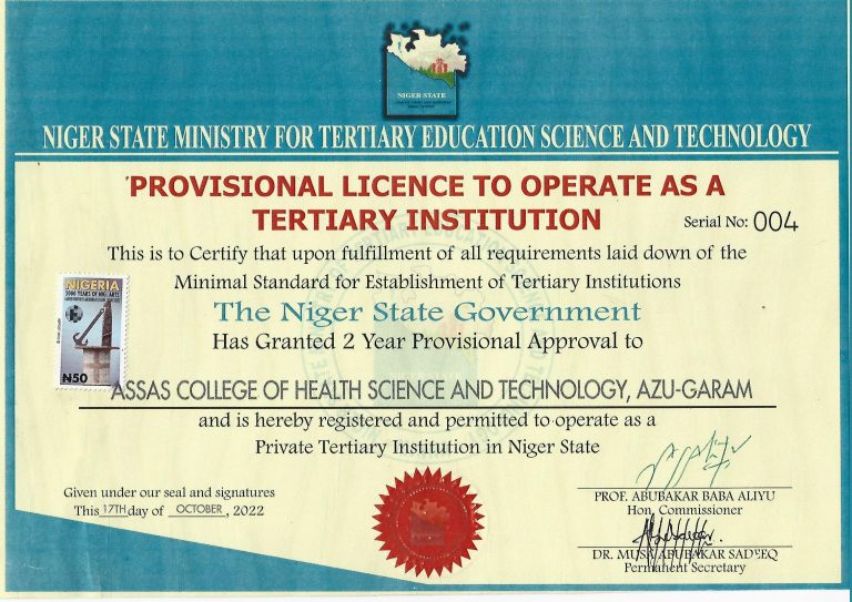 Provisional License to Operate as a Tertiary Institution